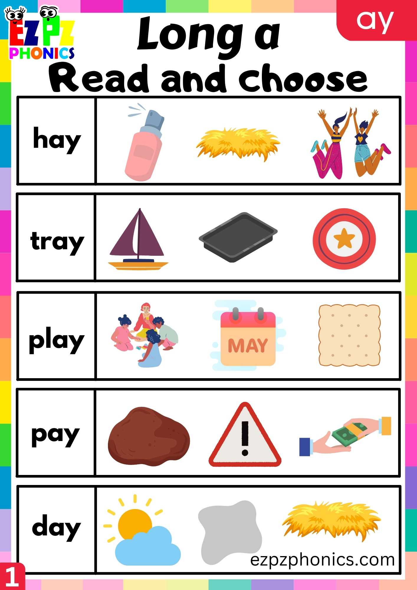 Group1 AY Words Read And Choose Long A Phonics Worksheet